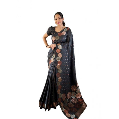 Generic Women's Soft Litchi Silk Jacquard Work Saree With Unstitched Blouse 5.5Mtr (Navy Blue)