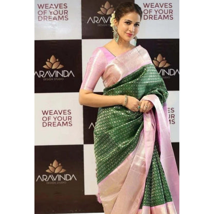 Generic Women's Litchi silk Printed Saree With Unstitched Blouse (Green)