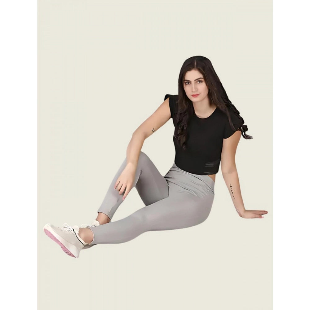 Generic Women's Polyester Solid Ankle length High Waisted Tights (Grey)