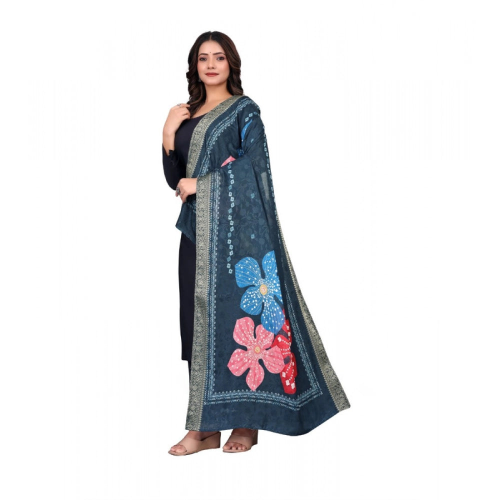 Generic Women's chanderi silk  Printed Dupatta (Navy Blue, Length: 2 Mtr)