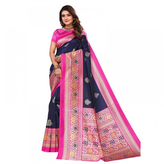 Generic Women's Litchi silk Printed Saree With Unstitched Blouse  5-6 Mtrs (Navy Blue)