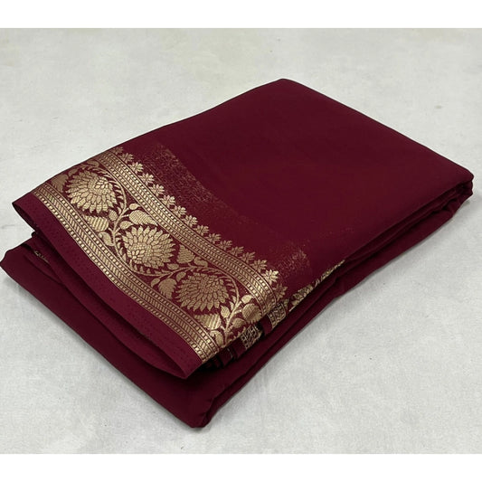 Generic Women's Crepe Chit Pallu Solid Saree With Unstitched Blouse 5.5Mtr (Maroon)