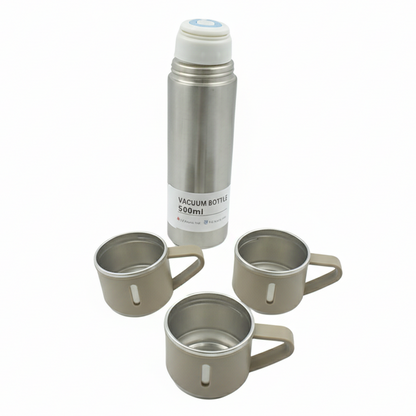 Stainless Steel Vacuum Flask Set with 3 Steel Cups for Hot and Cold Water (500ml)