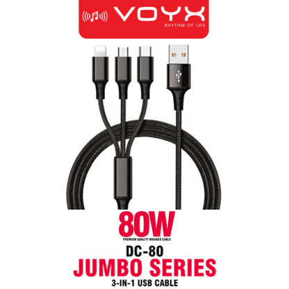 Voyx DC80, 80 Watt 3 in 1 USB Cable, Superfast Charging cable for IOS and Android
