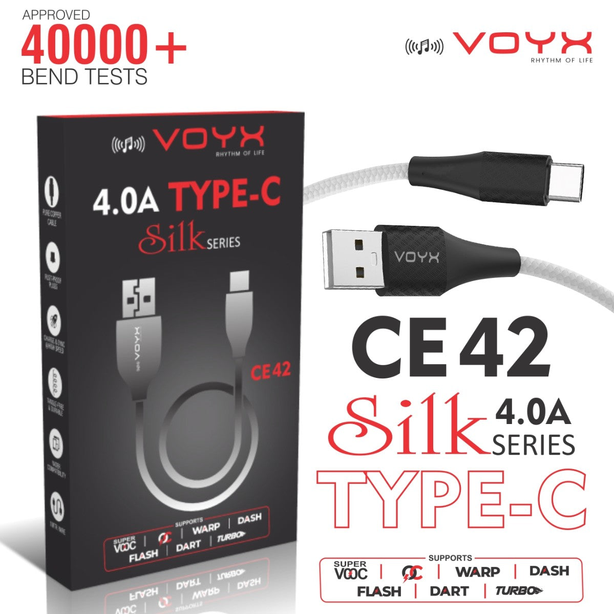Voyx CE42 - 40 Watt USB TYPE-C CABLE, Fast Charging Cable for WRAP/DASH Charger