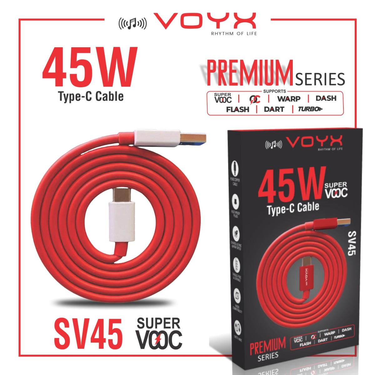 Voyx SV45, 45 Watt USB TYPE-C CABLE Fast Charging Cable