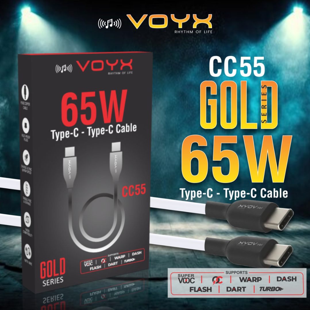 Voyx CC 55 - 65 Watt, C to C Cable for Rapid Data transfer and Charging