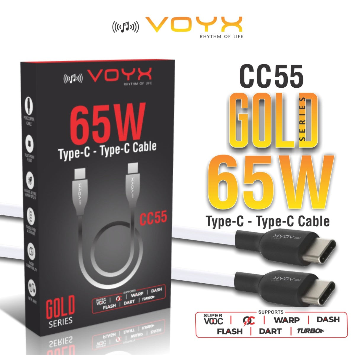 Voyx CC 55 - 65 Watt, C to C Cable for Rapid Data transfer and Charging