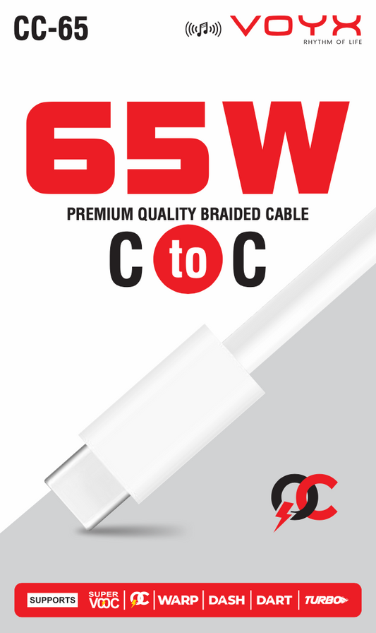 VOYX CC65 65Watt, C to C Cable for Rapid Data transfer and Charging