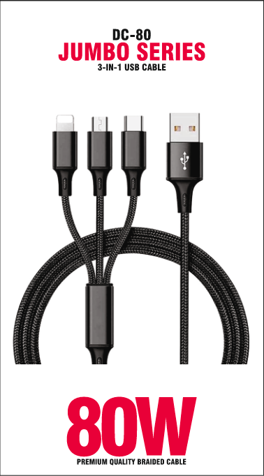 Voyx DC80, 80 Watt 3 in 1 USB Cable, Superfast Charging cable for IOS and Android