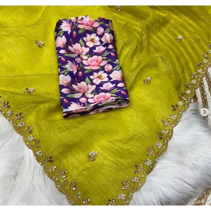 Generic Women's Stone Work Soft Silk Saree With Unstitched Blouse (Green, 5-6 Mtrs)