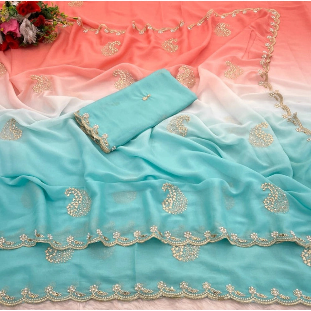 Generic Women's Digital Printed  Geogette Saree With Unstitched Blouse (Blue, 5-6 Mtrs)