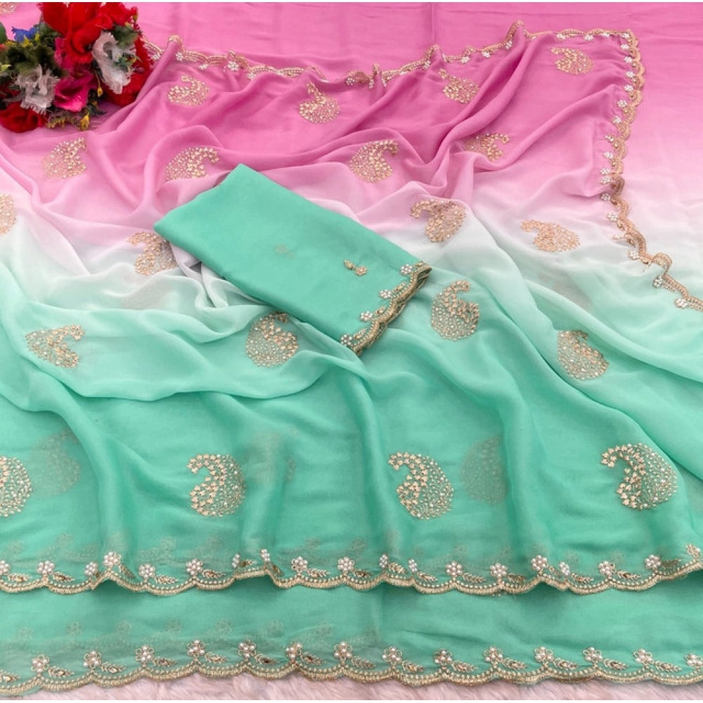 Generic Women's Digital Printed  Geogette Saree With Unstitched Blouse (Light Green, 5-6 Mtrs)