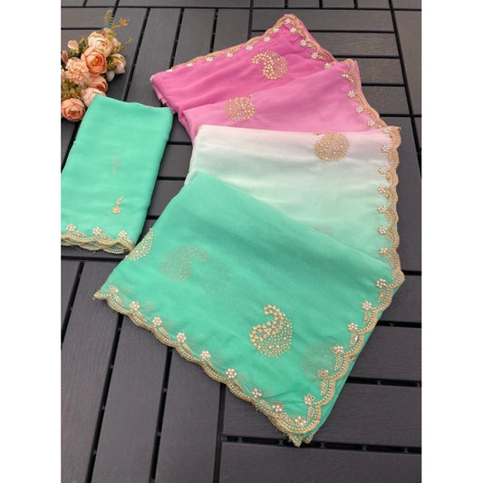 Generic Women's Digital Printed  Geogette Saree With Unstitched Blouse (Light Green, 5-6 Mtrs)