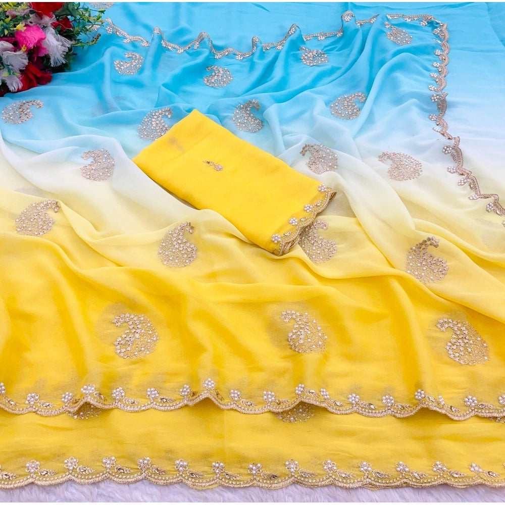 Generic Women's Digital Printed  Geogette Saree With Unstitched Blouse (Yellow, 5-6 Mtrs)