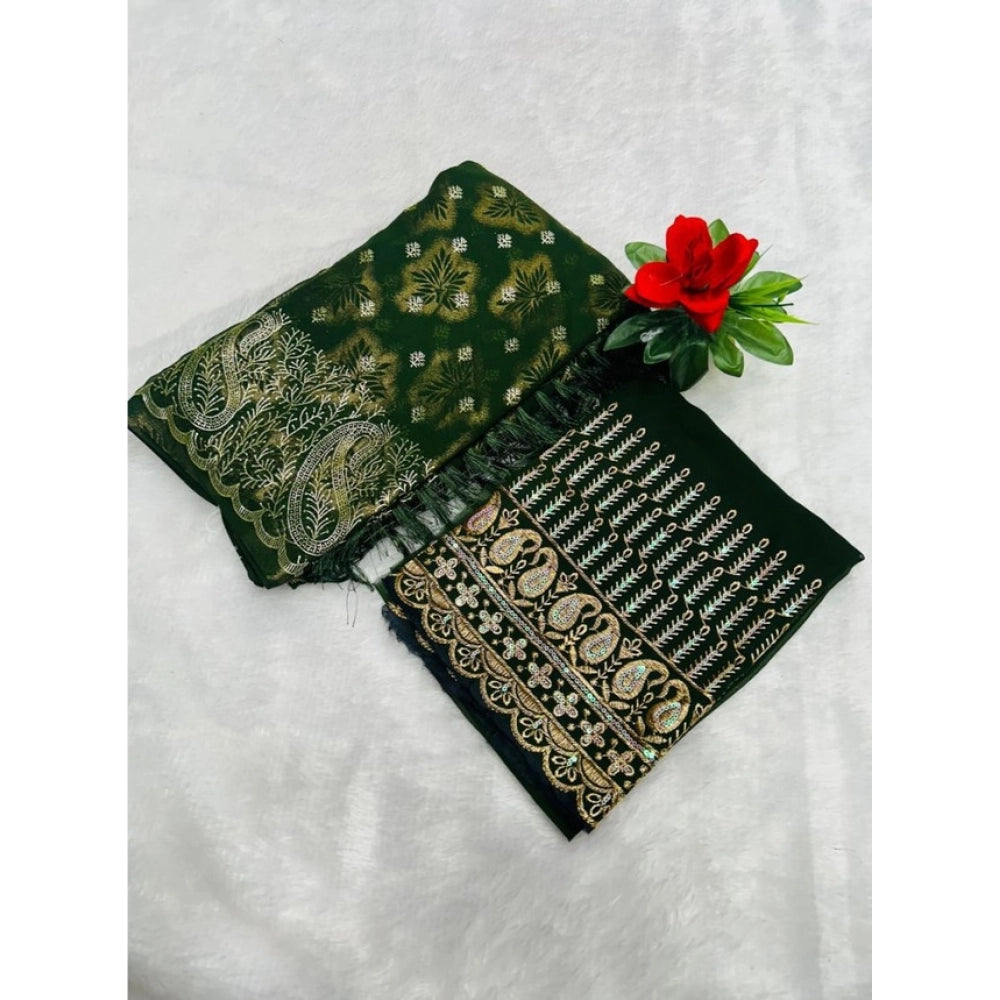 Generic Women's Embroidered Georgette Saree With Unstitched Blouse (Dark Green, 5-6 Mtrs)