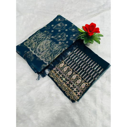 Generic Women's Embroidered Georgette Saree With Unstitched Blouse (Dark Blue, 5-6 Mtrs)