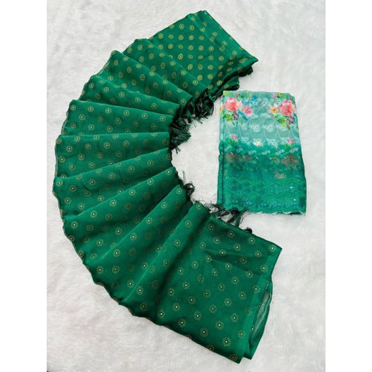 Generic Women's Printed Brasso Saree With Unstitched Blouse (Green, 5-6 Mtrs)