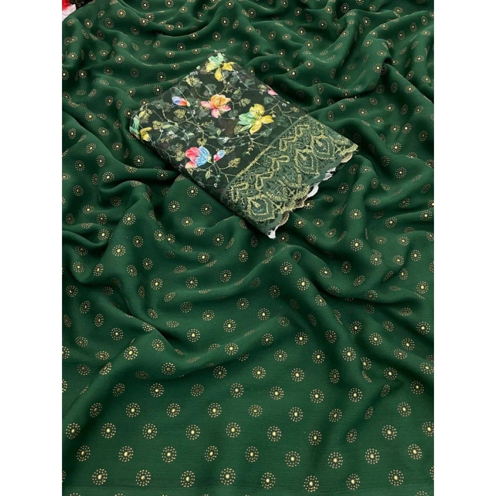 Generic Women's Printed Brasso Saree With Unstitched Blouse (Green, 5-6 Mtrs)