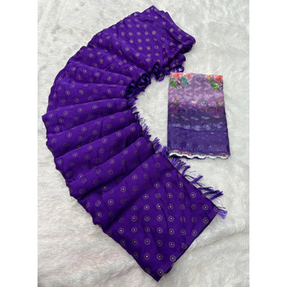 Generic Women's Printed Brasso Saree With Unstitched Blouse (Purple, 5-6 Mtrs)