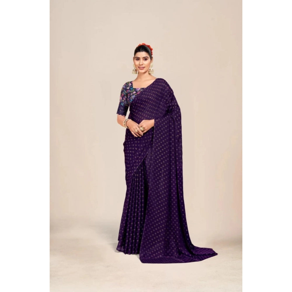 Generic Women's Printed Brasso Saree With Unstitched Blouse (Purple, 5-6 Mtrs)