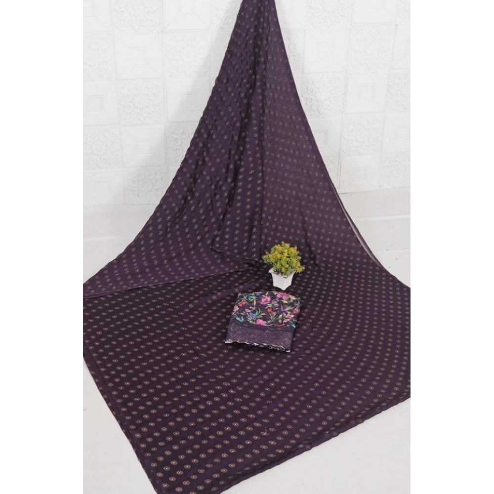 Generic Women's Printed Brasso Saree With Unstitched Blouse (Magenta, 5-6 Mtrs)