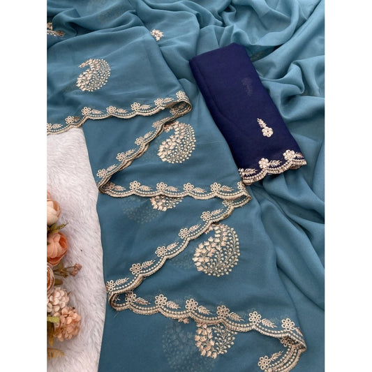 Generic Women's Digital Printed  Georgette Saree With Unstitched Blouse (Sky, 5-6 Mtrs)