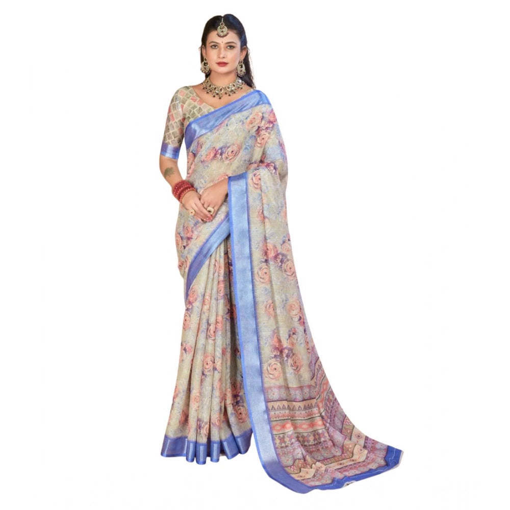 Generic Women's Printed Cotton Linen Saree withPrinted  Saree With Unstitched Blouse (Beige, 5-6Mtrs)