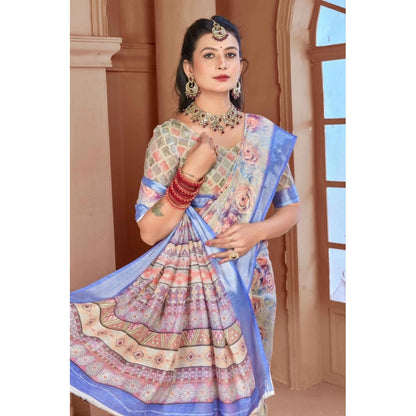 Generic Women's Printed Cotton Linen Saree withPrinted  Saree With Unstitched Blouse (Beige, 5-6Mtrs)