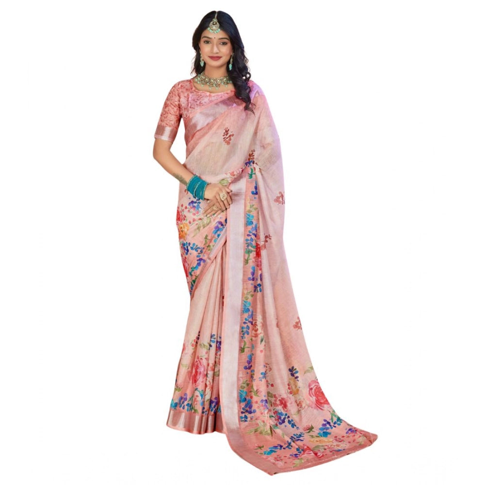 Generic Women's Printed Cotton Linen Saree withPrinted  Saree With Unstitched Blouse (Pink , 5-6Mtrs)