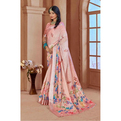 Generic Women's Printed Cotton Linen Saree withPrinted  Saree With Unstitched Blouse (Pink , 5-6Mtrs)