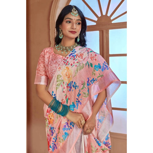 Generic Women's Printed Cotton Linen Saree withPrinted  Saree With Unstitched Blouse (Pink , 5-6Mtrs)