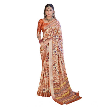 Generic Women's Printed Cotton Linen Saree withPrinted  Saree With Unstitched Blouse (Orange , 5-6Mtrs)