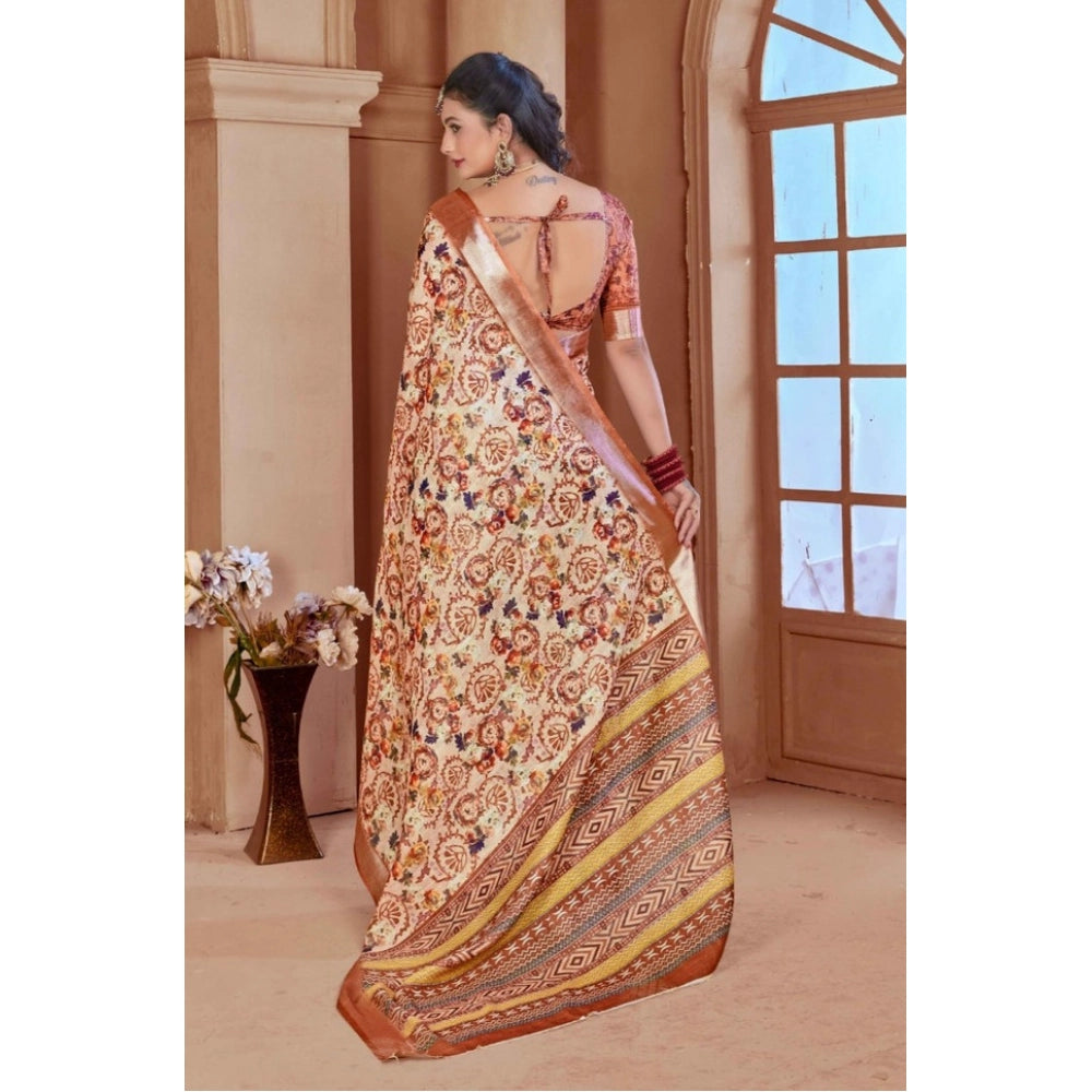 Generic Women's Printed Cotton Linen Saree withPrinted  Saree With Unstitched Blouse (Orange , 5-6Mtrs)