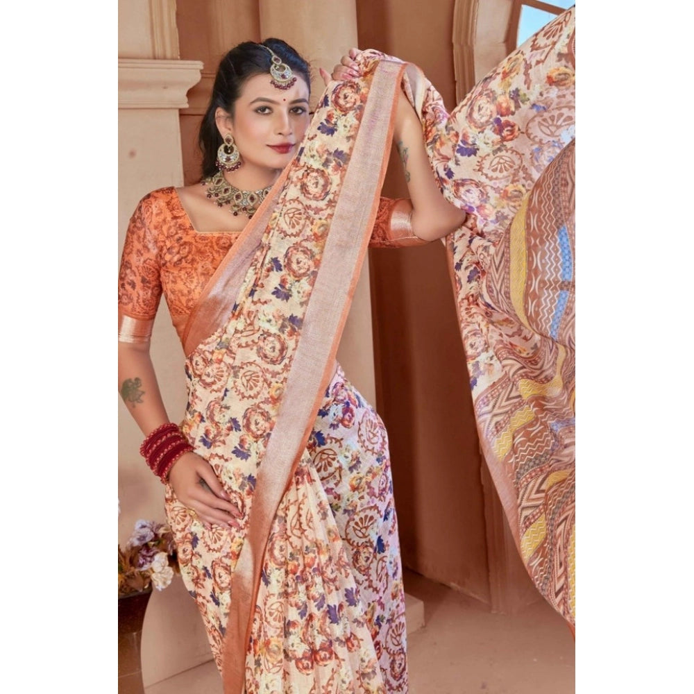 Generic Women's Printed Cotton Linen Saree withPrinted  Saree With Unstitched Blouse (Orange , 5-6Mtrs)