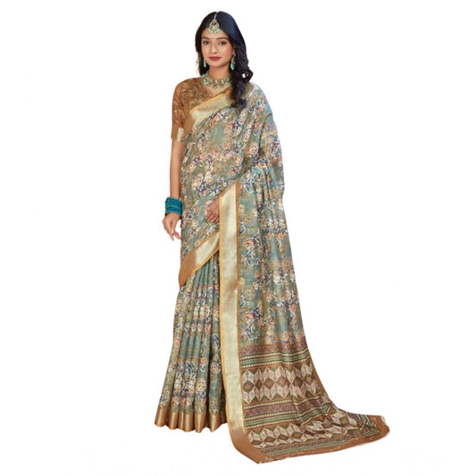 Generic Women's Printed Cotton Linen Saree withPrinted  Saree With Unstitched Blouse (Green, 5-6Mtrs)