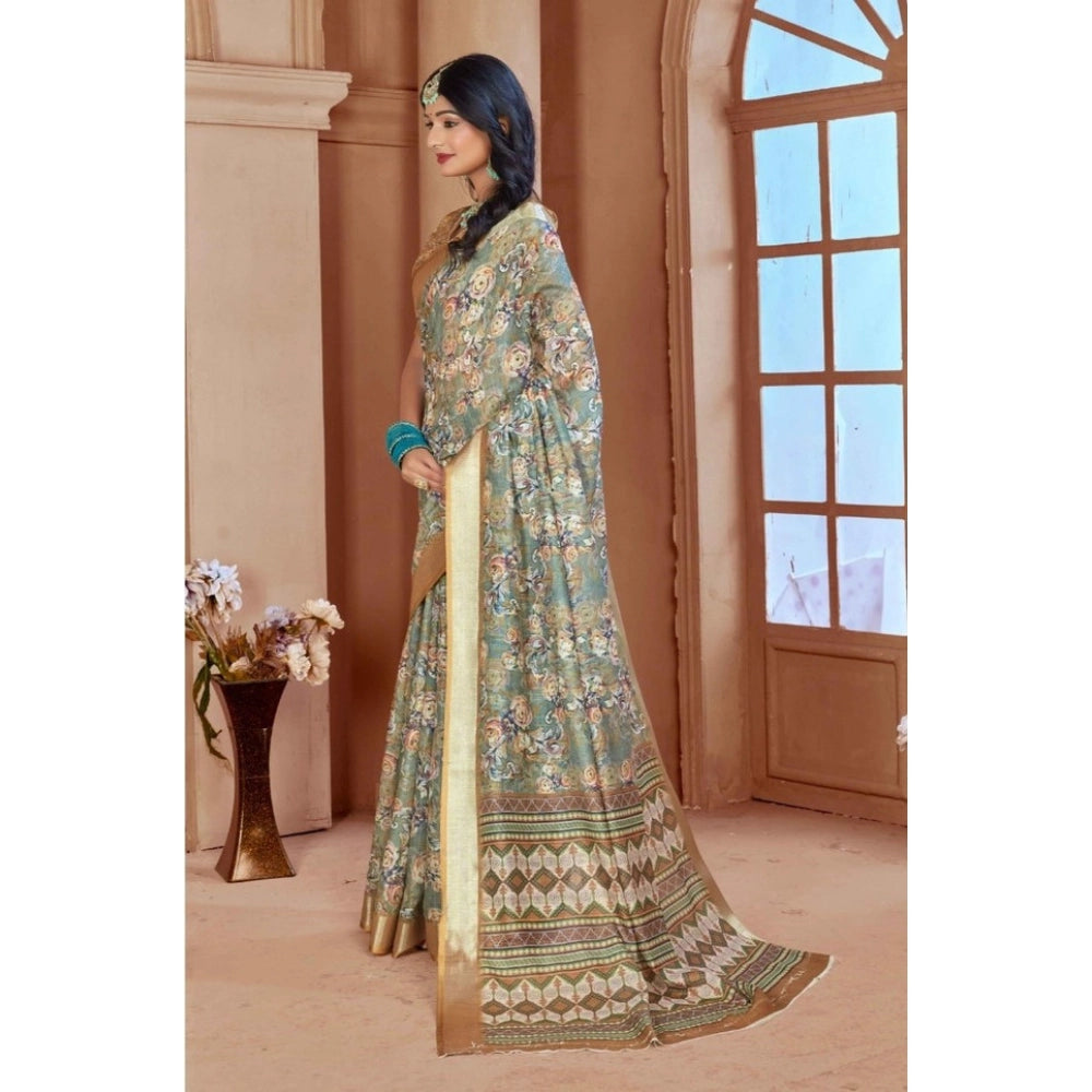 Generic Women's Printed Cotton Linen Saree withPrinted  Saree With Unstitched Blouse (Green, 5-6Mtrs)
