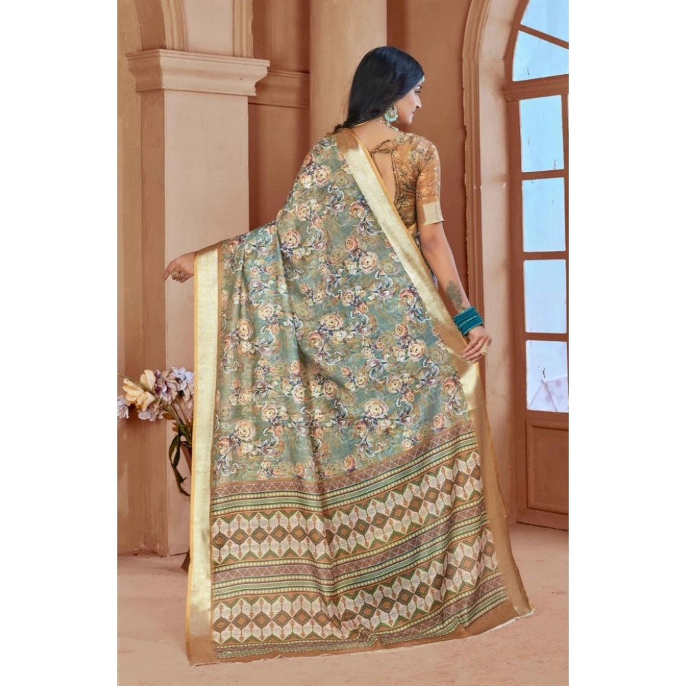 Generic Women's Printed Cotton Linen Saree withPrinted  Saree With Unstitched Blouse (Green, 5-6Mtrs)