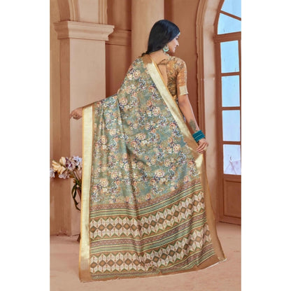 Generic Women's Printed Cotton Linen Saree withPrinted  Saree With Unstitched Blouse (Green, 5-6Mtrs)