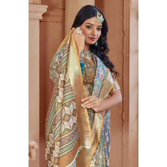 Generic Women's Printed Cotton Linen Saree withPrinted Saree With Unstitched Blouse (Green, 5-6Mtrs)