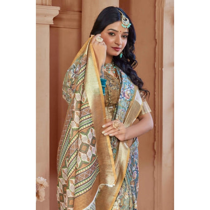 Generic Women's Printed Cotton Linen Saree withPrinted  Saree With Unstitched Blouse (Green, 5-6Mtrs)