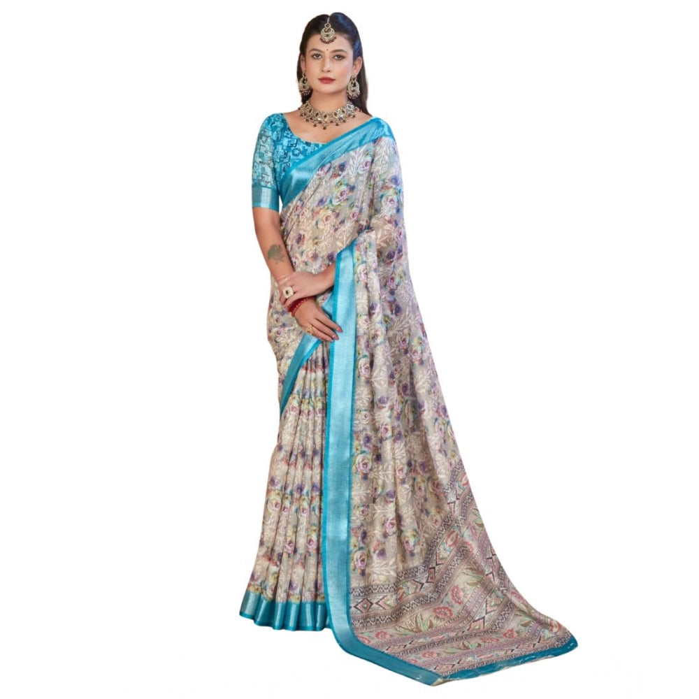 Generic Women's Printed Cotton Linen Saree withPrinted  Saree With Unstitched Blouse (Rust  , 5-6Mtrs)