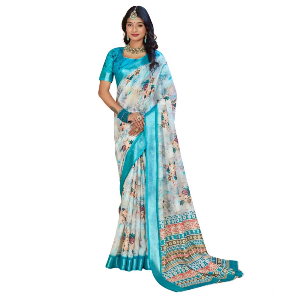 Generic Women's Printed Cotton Linen Saree withPrinted  Saree With Unstitched Blouse (Blue, 5-6Mtrs)