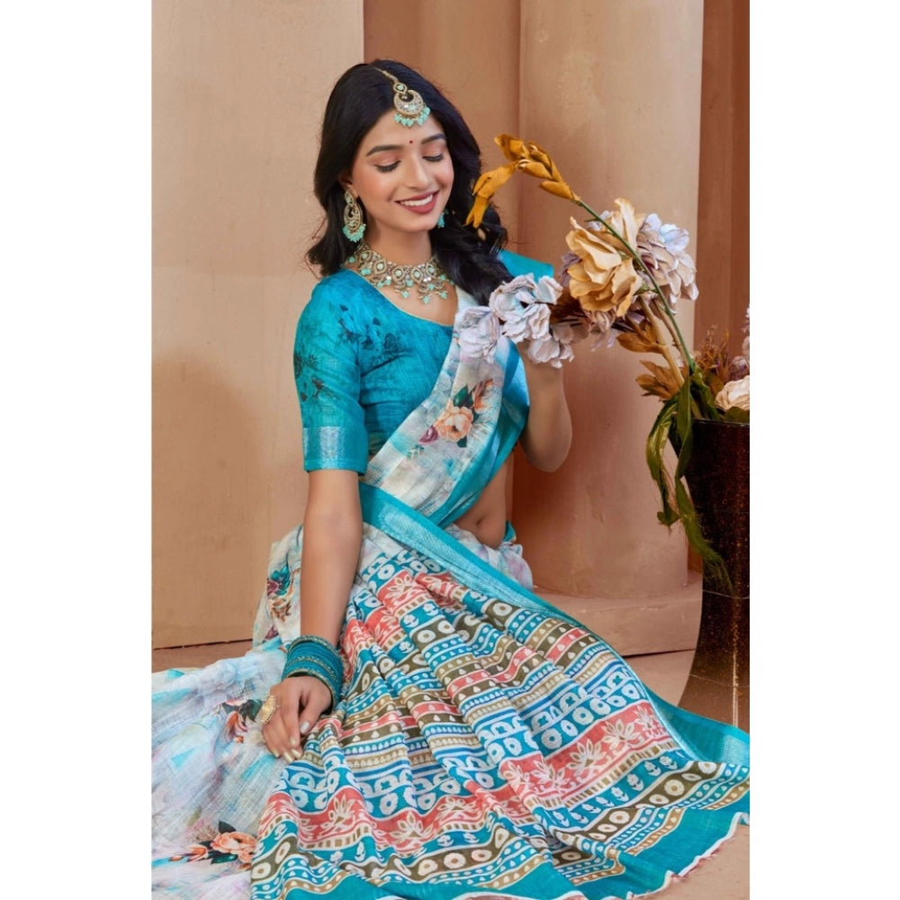 Generic Women's Printed Cotton Linen Saree withPrinted  Saree With Unstitched Blouse (Blue, 5-6Mtrs)