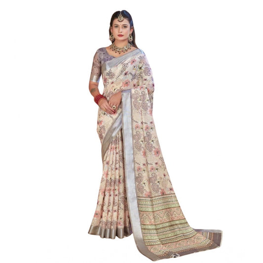 Generic Women's Printed Cotton Linen Saree withPrinted  Saree With Unstitched Blouse (Beige, 5-6Mtrs)