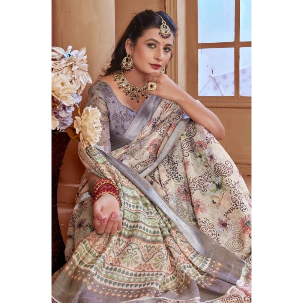 Generic Women's Printed Cotton Linen Saree withPrinted  Saree With Unstitched Blouse (Beige, 5-6Mtrs)