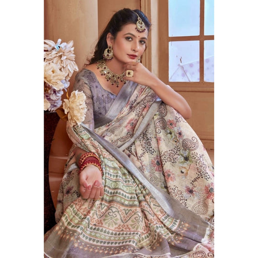 Generic Women's Printed Cotton Linen Saree withPrinted  Saree With Unstitched Blouse (Beige, 5-6Mtrs)