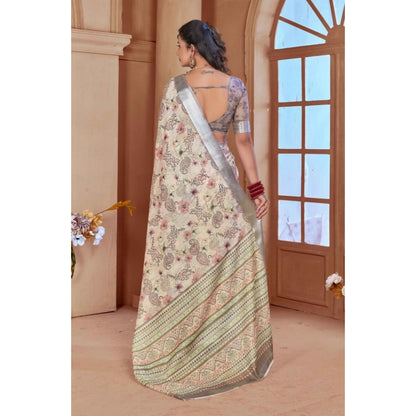 Generic Women's Printed Cotton Linen Saree withPrinted  Saree With Unstitched Blouse (Beige, 5-6Mtrs)