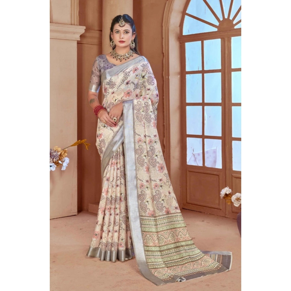 Generic Women's Printed Cotton Linen Saree withPrinted  Saree With Unstitched Blouse (Beige, 5-6Mtrs)