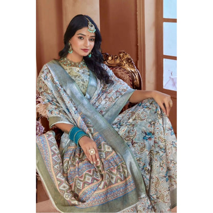 Generic Women's Printed Cotton Linen Saree withPrinted  Saree With Unstitched Blouse (Mint Green, 5-6Mtrs)
